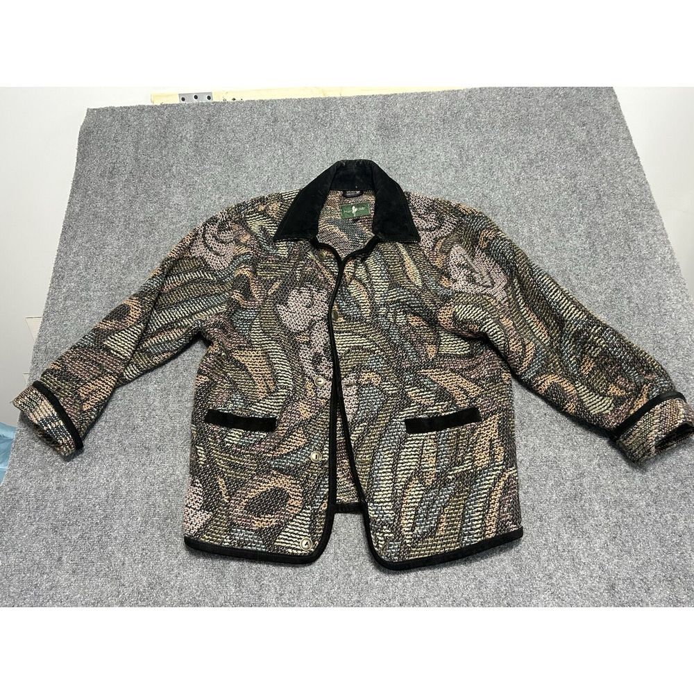 Hunt Club Tapestry Woven Jacket Multicolor Leather trim Ladies M Wool Blend‎